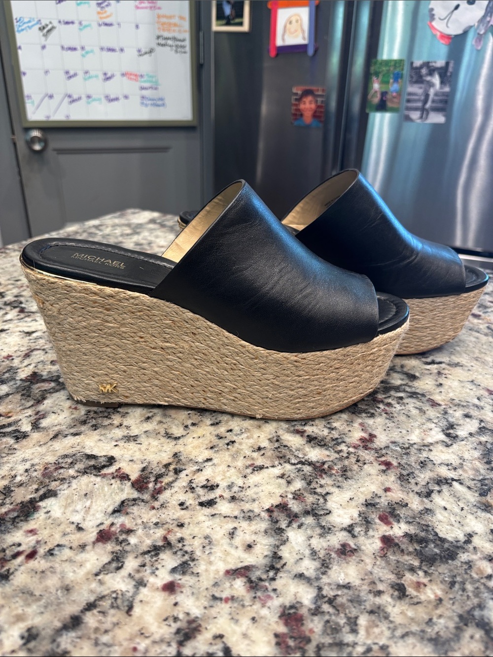 Michael Kors Black Leather Espadrille Wedge Slides with Natural Jute Platform